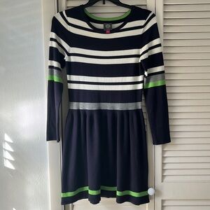 Vince Camuto Fit & Flare Striped Navy & Green Sweater Dress Medium